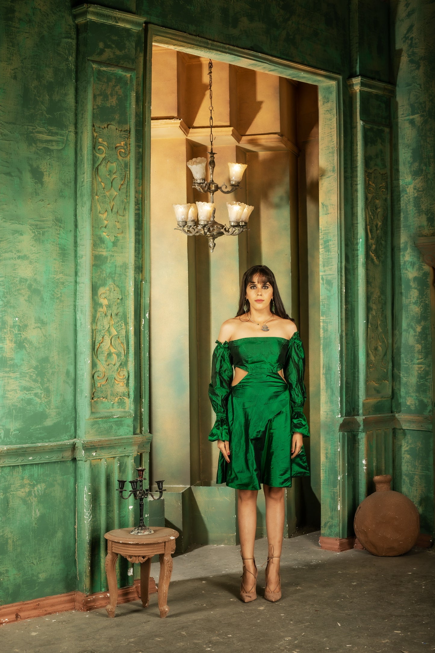 Muga Silk Green Off Shoulder Cocktail Dress