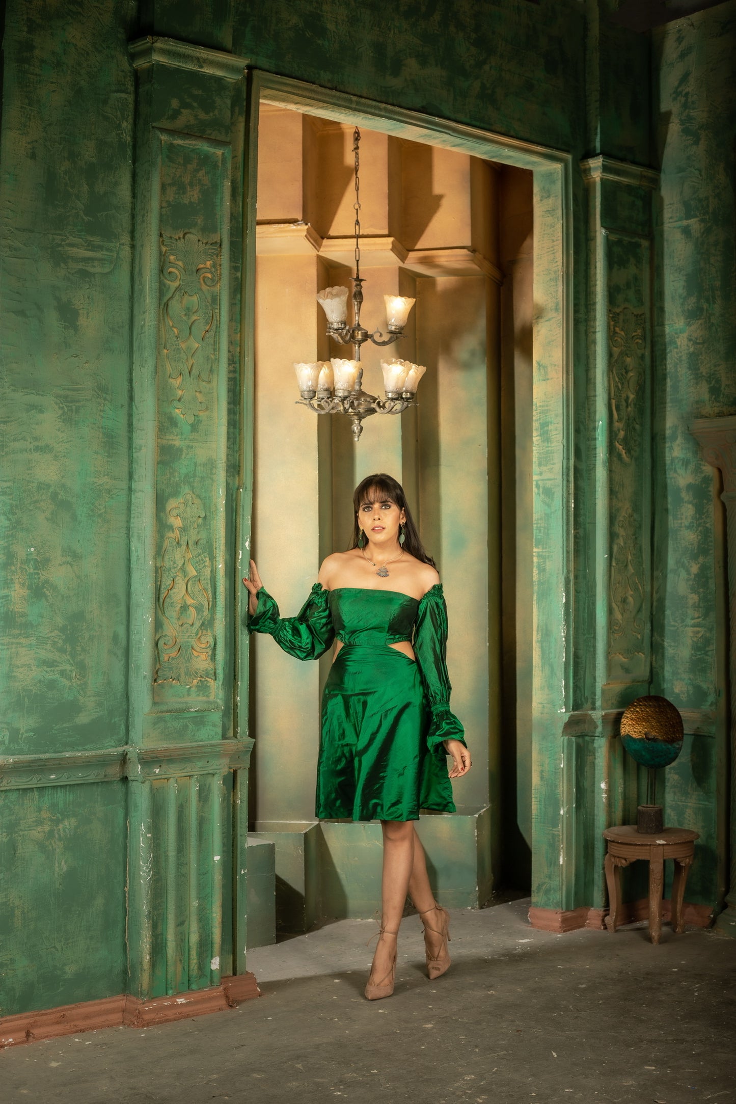 Muga Silk Green Off Shoulder Cocktail Dress