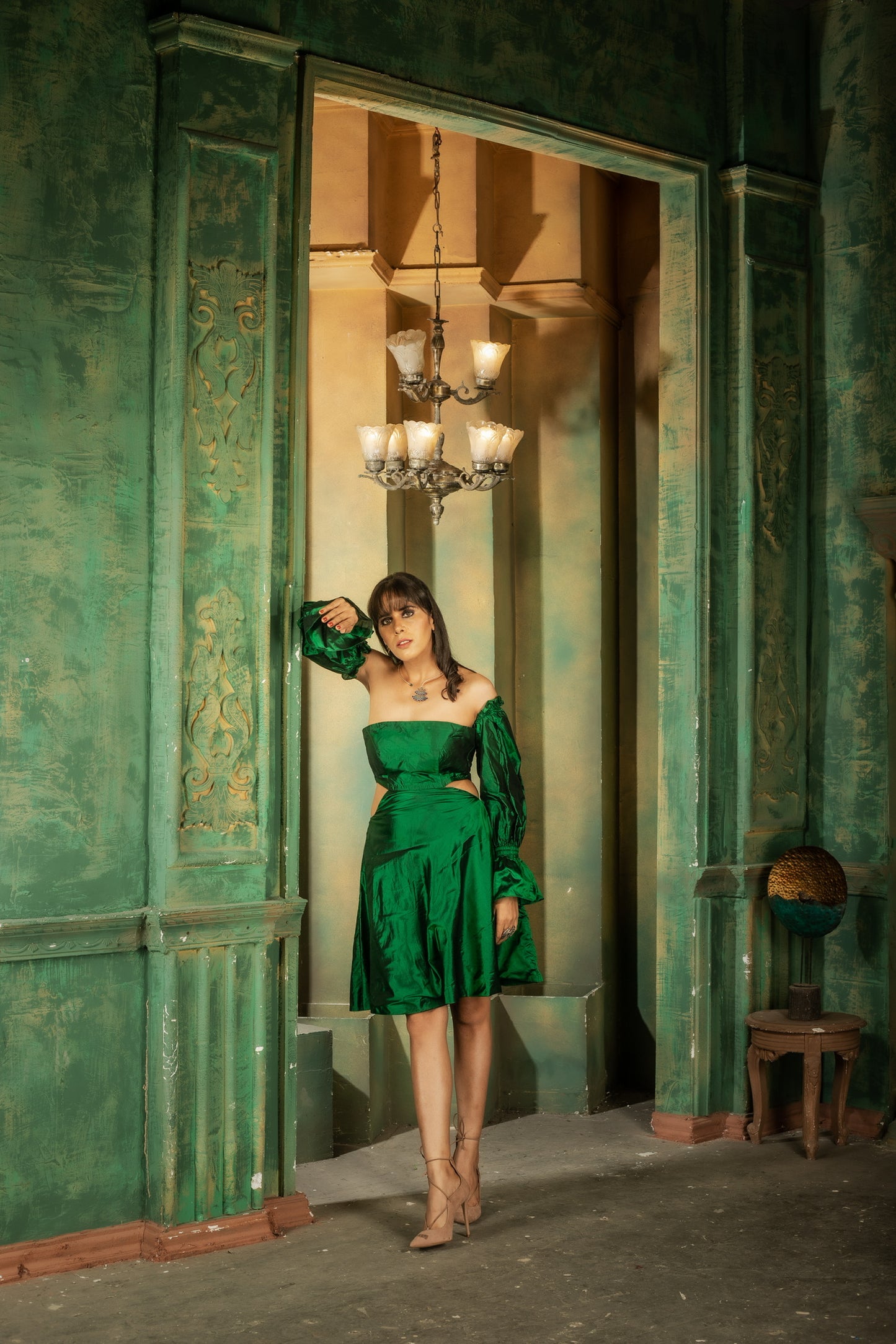 Muga Silk Green Off Shoulder Cocktail Dress