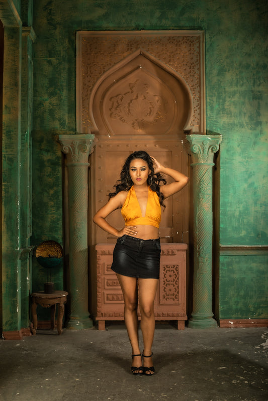 Orange Muga Silk Bralette-Style Backless Top
