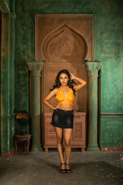 Orange Muga Silk Bralette-Style Backless Top