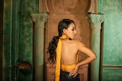 Orange Muga Silk Bralette-Style Backless Top
